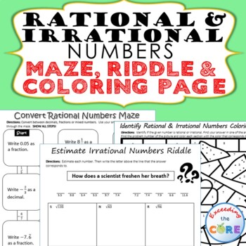 Preview of RATIONAL and IRRATIONAL NUMBERS Maze, Riddle, Coloring Page Math Activities