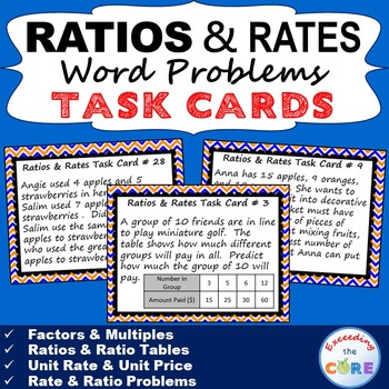 Preview of RATIOS AND RATES Word Problems - Task Cards {40 Cards}