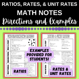 RATIOS, RATES, UNIT RATE NOTES: Directions & Examples - Quick Reference Page
