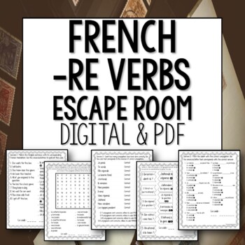Preview of RE verbs present tense French Escape Room