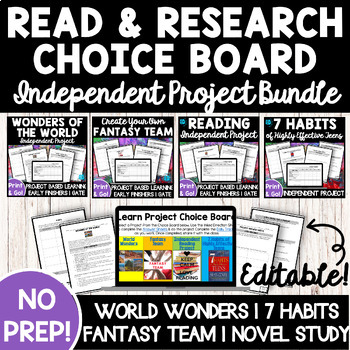 Preview of READ & RESEARCH PROJECT BUNDLE Choice Board Independent Project PBL Genius Hour