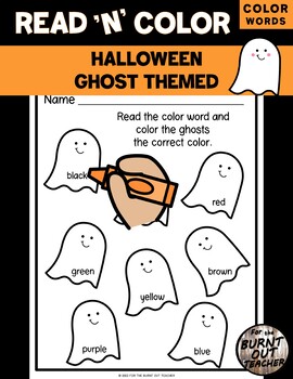 Preview of READ and COLOR Worksheet COLOR WORDS HALLOWEEN GHOST PreK OCTOBER HOLIDAY
