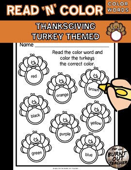 Preview of READ and COLOR Worksheet COLOR WORDS THANKSGIVING TURKEY PreK NOVEMBER HOLIDAY