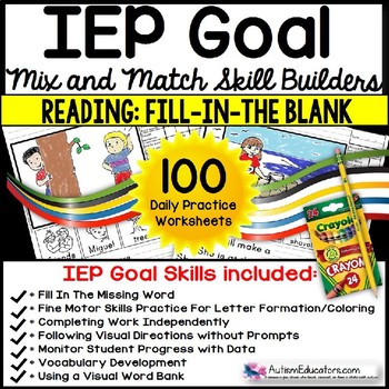Preview of READING COMPREHENSION IEP Skill Builder FILL-IN-THE-BLANK WORKSHEETS for Autism