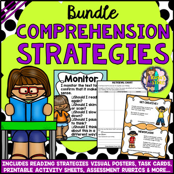 Preview of READING COMPREHENSION STRATEGIES BUNDLE: Posters Task Cards Worksheets Rubrics