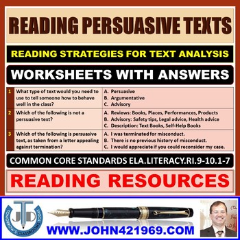 Preview of READING PERSUASIVE TEXTS WORKSHEETS WITH ANSWERS