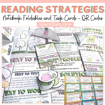 Preview of Reading Comprehension Strategies Interactive Notebook Task Cards Digital QR Code
