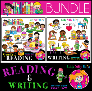 Preview of READING & WRITING Clipart bundle. B/W and Color images. {Lilly Silly Billy}