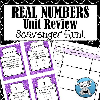 Preview of REAL NUMBERS UNIT REVIEW - SCAVENGER HUNT! (TASK CARDS)