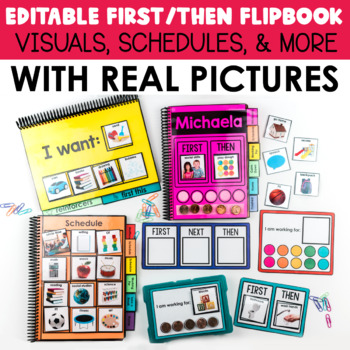 Preview of REAL PICTURES: First Then Board & Visual Schedule Flip Books (EDITABLE)