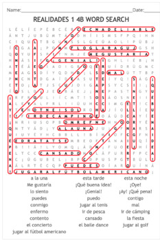 Spanish Textbook Realidades 1 4b Quiz Puzzle Word Search Scramble