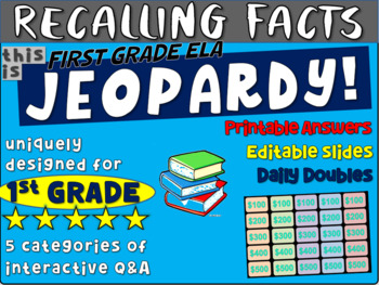 Preview of RECALLING FACTS - First Grade ELA JEOPARDY! handouts & Interactive PPT Gameboard
