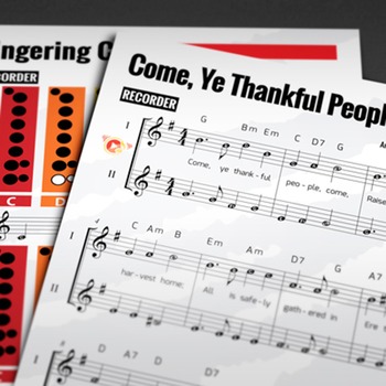 Preview of Recorder Sheet Music: Come, Ye Thankful, Come (Thanksgiving) w/ Fingering Chart