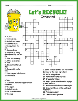 Preview of RECYCLING Crossword Puzzle Worksheet Activity