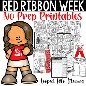 Preview of RED RIBBON WEEK DRUG FREE NO PREP PRINTABLES CRAFT WRITING COLORING PLEDGE 2023