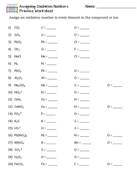 redox worksheet #1 assigning oxidation numbers