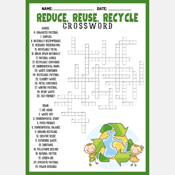 REDUCE REUSE RECYCLE crossword puzzle worksheet activity by Mind Games