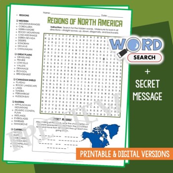 Preview of REGIONS of NORTH AMERICA Word Search Puzzle Map Activity Worksheet