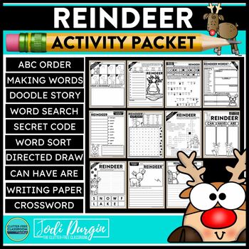 Preview of REINDEER ACTIVITY PACKET word search worksheets early finishers directed drawing