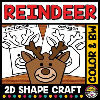 Preview of REINDEER MATH CRAFT CHRISTMAS ANIMALS 2D SHAPES ACTIVITY DECEMBER BULLETIN BOARD