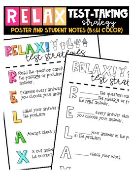 Preview of RELAX Test taking strategy poster and student notes