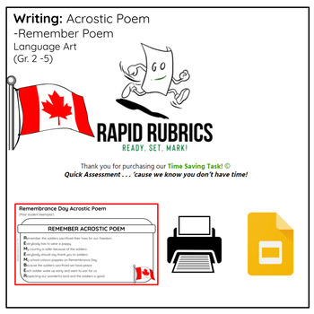 Preview of REMEMBERANCE Day Acrostic Poem - Time Saving Task - Ontario - Rapid Rubrics