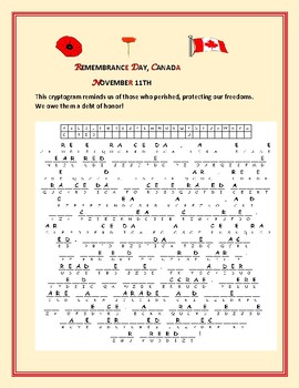 Preview of REMEMBRANCE DAY, CANADA:  A CRYPTOGRAM ACTIVITY  w/answer key