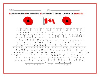 Preview of REMEMBRANCE DAY CANADA: NOVEMBER 11TH: A CRYPTOGRAM OF TRIBUTE
