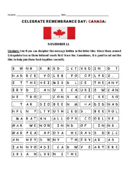 Preview of REMEMBRANCE DAY CANADA: NOVEMBER 11TH : A LETTER TILE ACTIVITY