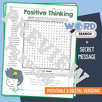 Preview of BE POSITIVE Word Search Puzzle Activity Vocabulary Worksheet With Secret Message