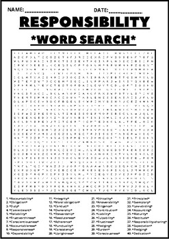 Preview of RESPONSIBILITY WORD SEARCH Puzzle Middle School Fun Activity Vocabulary