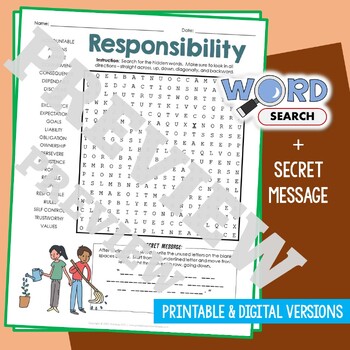 Preview of RESPONSIBILITY Word Search Puzzle Activity Vocabulary Worksheet Secret Message