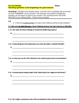 Preview of RESTATE the QUESTION when you ANSWER! worksheet drills