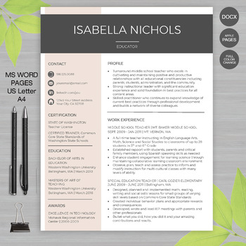 Preview of RESUME TEACHER Template For MS Word | + Educator Resume Writing Guide | Isabella