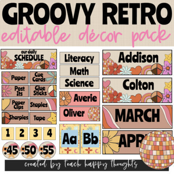 Preview of RETRO GROOVY 90s Theme Classroom Decor Pack Bundle EDITABLE Flowers Disco Hippy