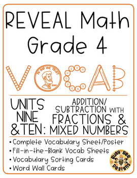 Preview of REVEAL Math Vocabulary Resources - Grade 4 U9/10 Add/Sub Fractions & Mixed Numbe