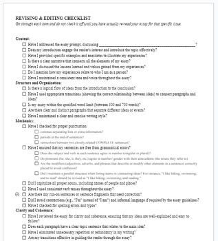 Preview of REVISING & EDITING CHECKLIST for college essay
