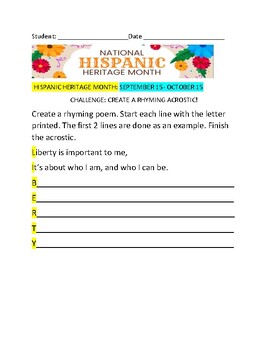 Preview of RHYMING ACROSTIC ACTIVITY: HISPANIC HERITAGE MONTH/ GRS. 4-8, ELA & ESL