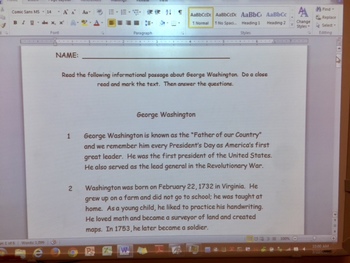Preview of CCSS RI 3.2 Main Idea George Washington passage EBSR questions and test prep