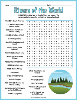 Preview of RIVERS OF THE WORLD Geography Word Search Puzzle Worksheet Activity