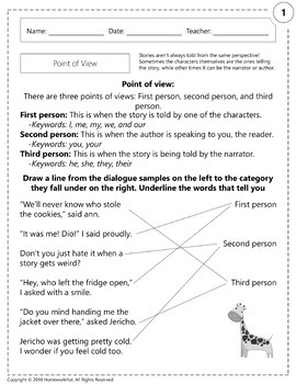 RL.1.6  Point of View Worksheets by Homework Hut  TpT
