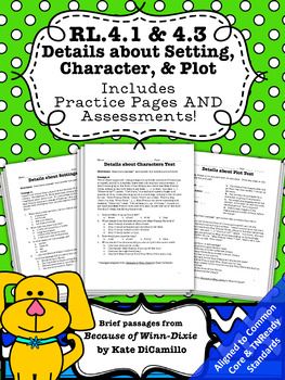 Preview of Settings Characters Plot Worksheets Tests Bundle Common Core 4th RL4.1 RL4.3