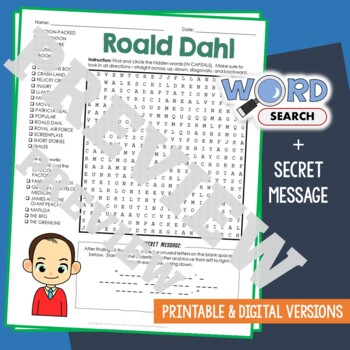 Preview of ROALD DAHL Word Search Puzzle Activity Vocabulary Worksheet Secret Message