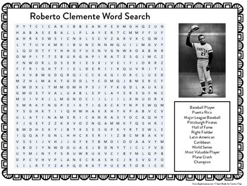 Roberto Clemente Worksheet Word Search Activity Baseball Hispanic Heritage