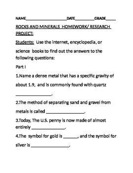 Preview of ROCKS & MINERALS HOMEWORK/RESEARCH PROJECT