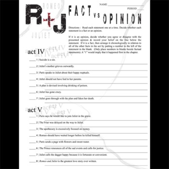 ROMEO AND JULIET Fact vs Opinion Activity (Shakespeare) Text Analysis