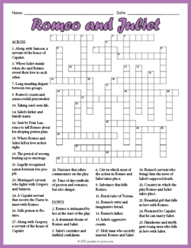 Preview of ROMEO & JULIET Crossword Puzzle Worksheet Activity - 6th, 7th, 8th, 9th Grade
