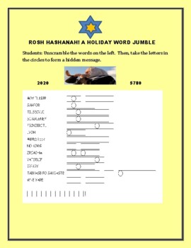 Preview of ROSH HASHANAH: HAPPY NEW YEAR!  A HOLIDAY JUMBLE/ W ANSWER KEY