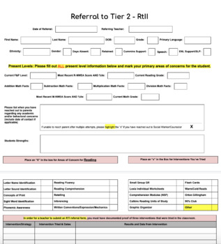 Preview of RTI/MTSS Referral Form to Tier 2