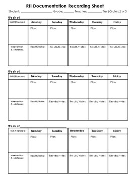 Preview of RTI TIer 2 or 3 Intervention Recording Sheet (Lesson Plans)